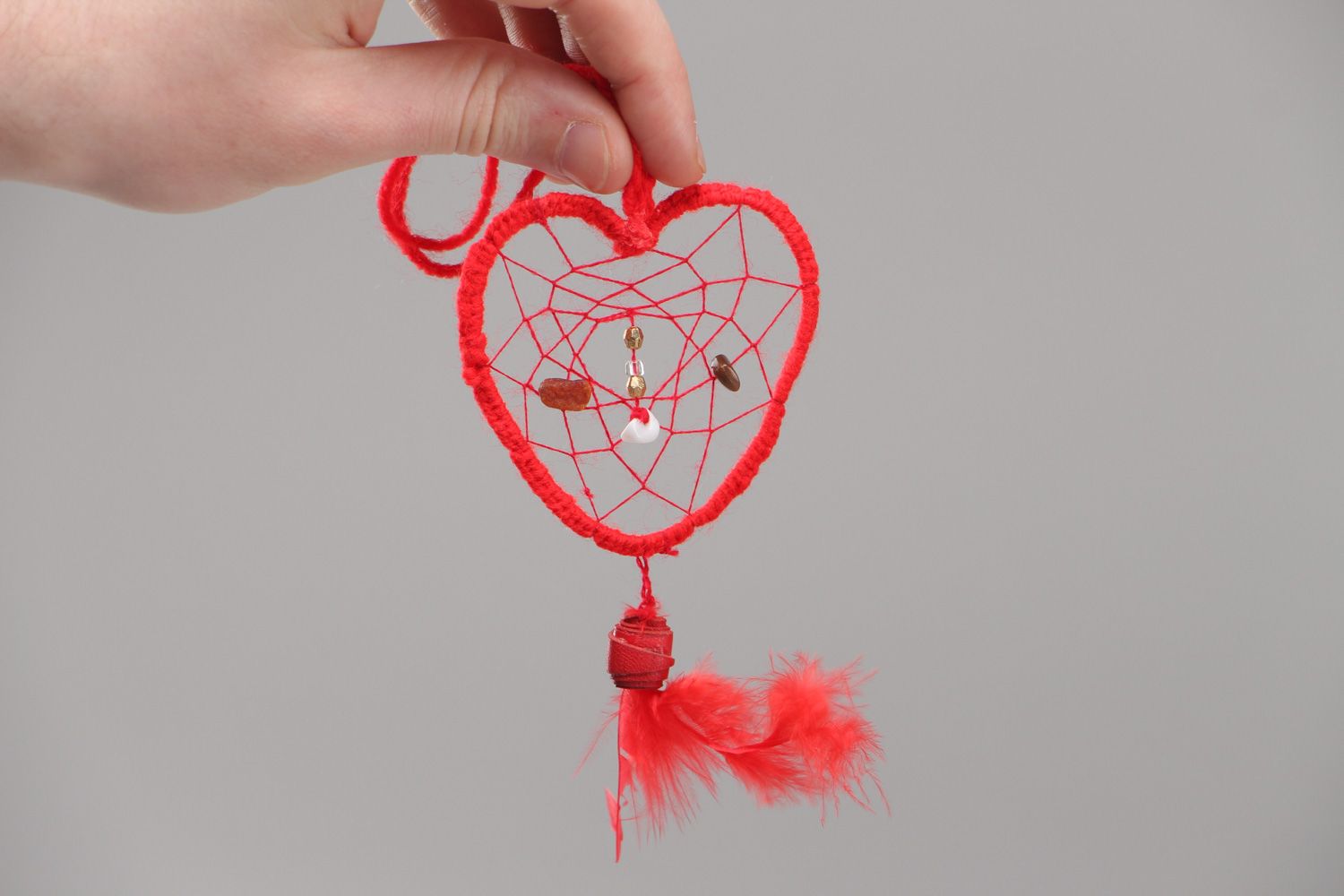 Handmade heart-shaped dreamcatcher wall hanging of red color with feathers photo 5