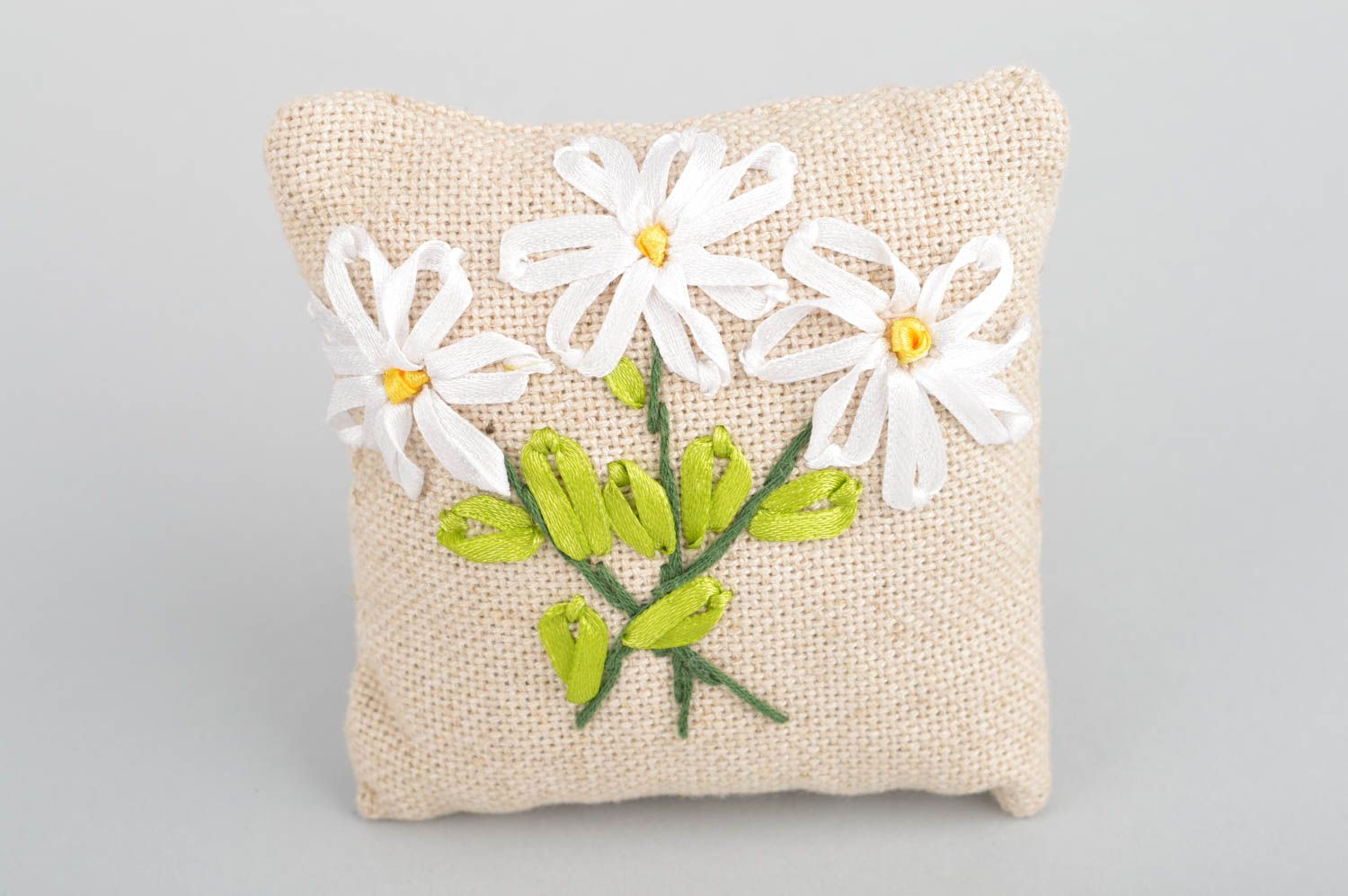 Beautiful handmade linen fabric interior pillow with satin ribbon embroidery photo 2