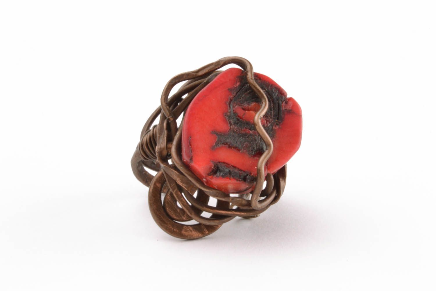 Copper seal ring with coral photo 2