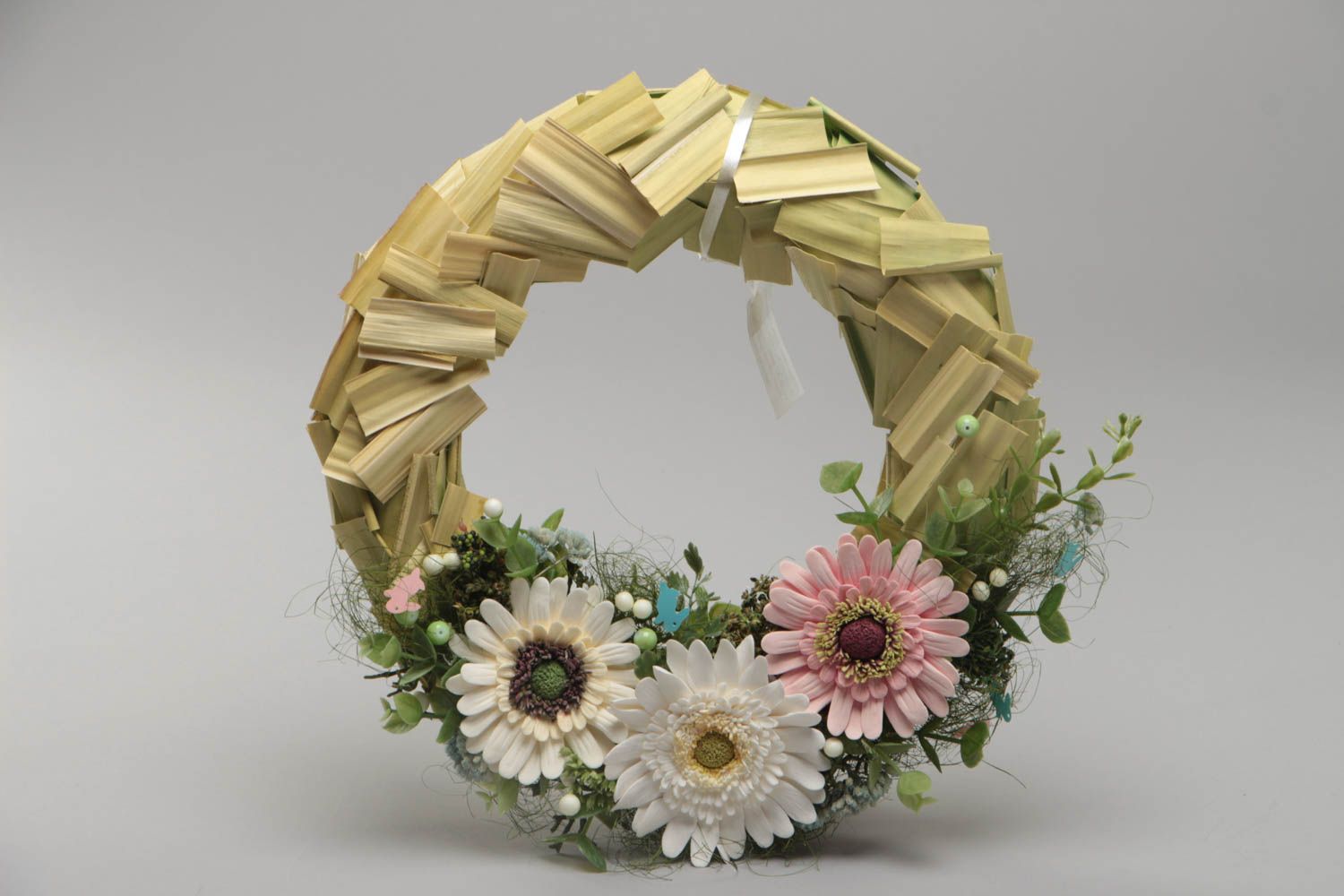 Handmade interior designer door wreath with polymer clay flowers Gerbera photo 2