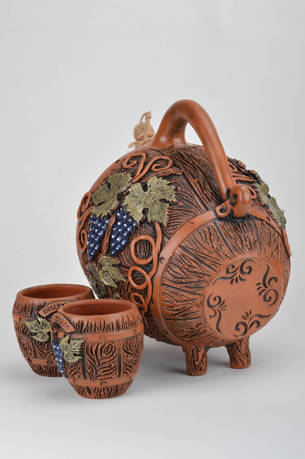 Handmade decorative ceramic wine barrel and 2 shot glasses set of 3 pieces photo 2
