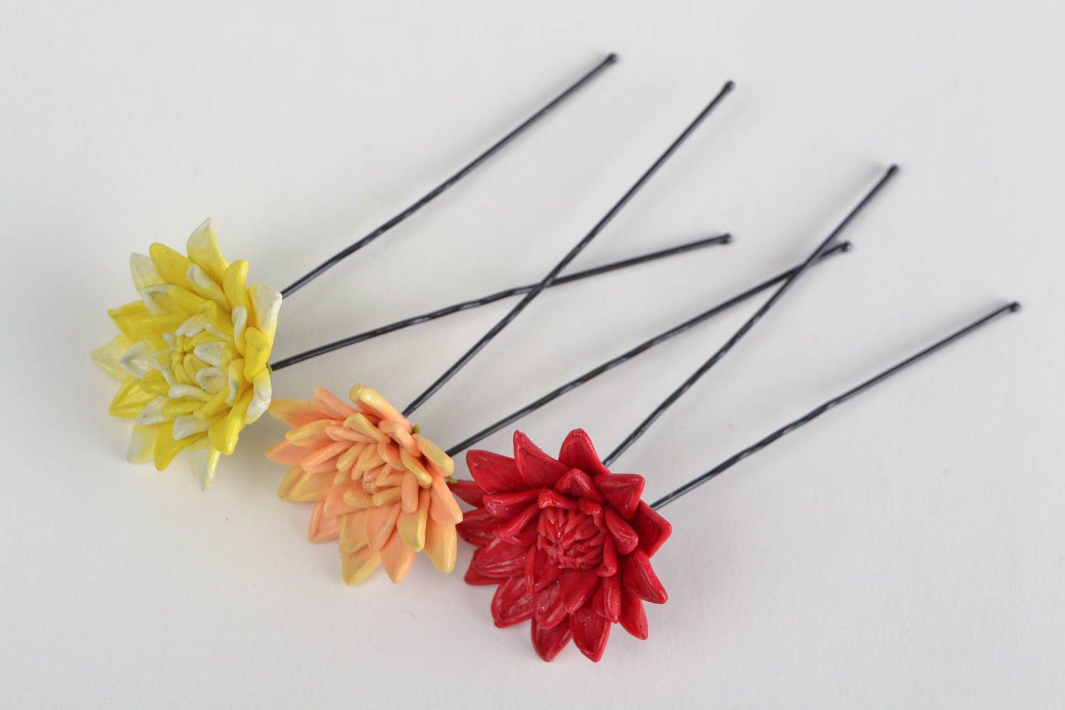 Beautiful handmade designer polymer clay flower hairpins 3 pieces colorful photo 3