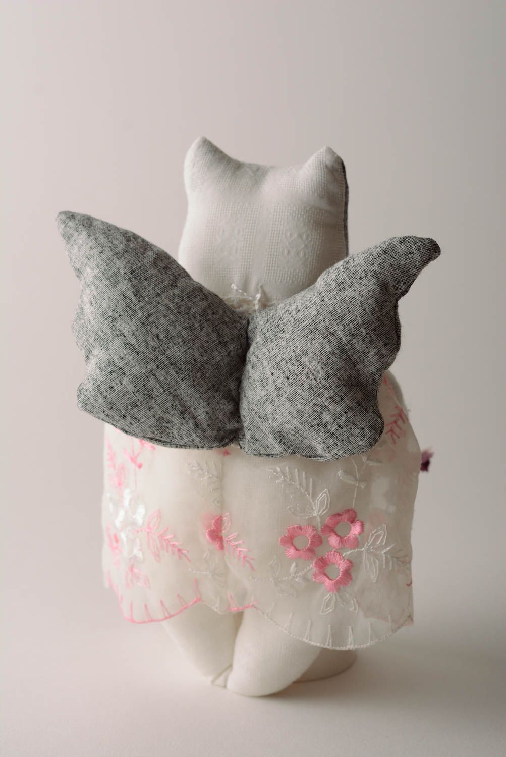 Beautiful small handmade fabric toy cat in gray dress photo 3