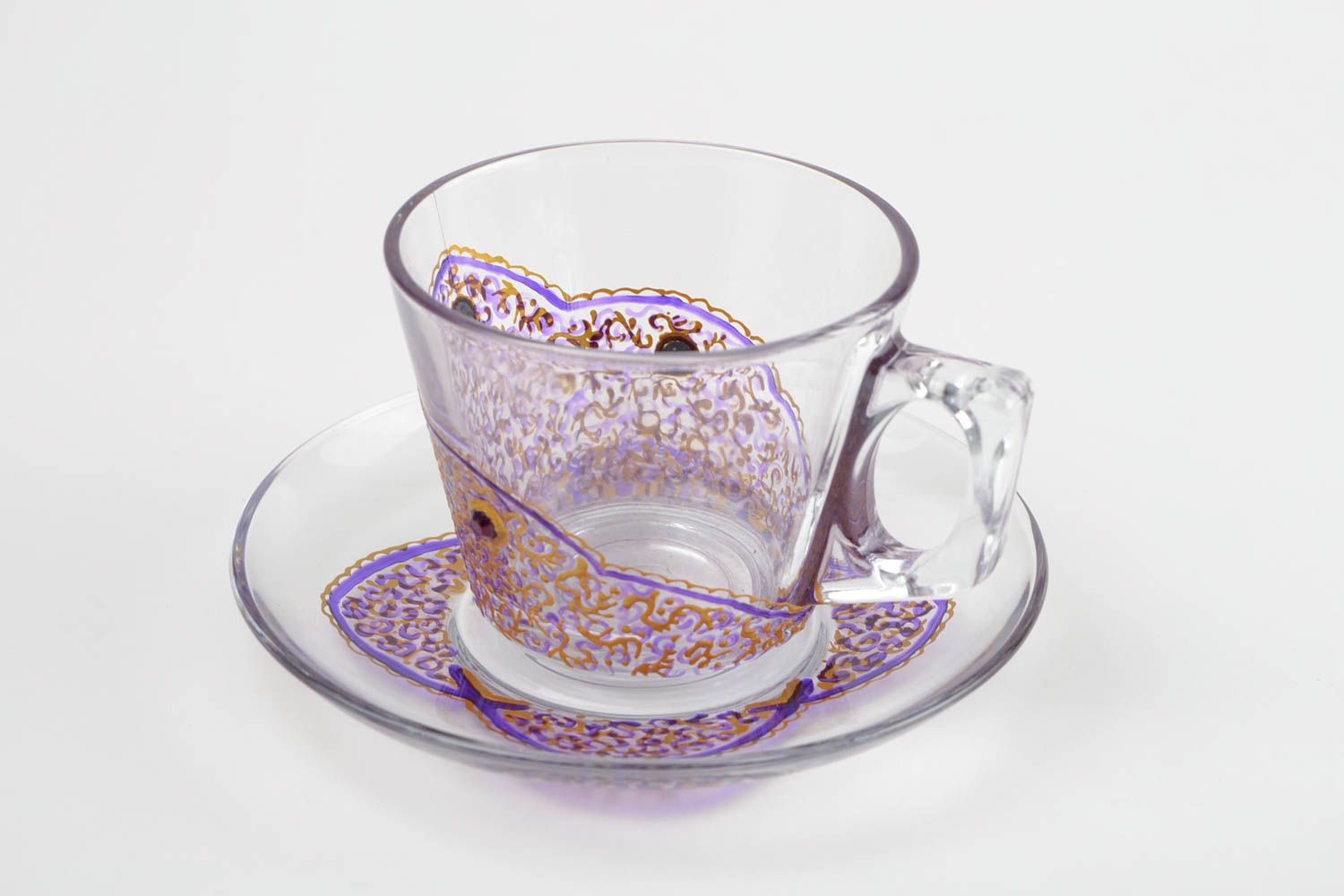 Clear glass 6 oz teacup with saucer and handle. Purple and gold pattern photo 5