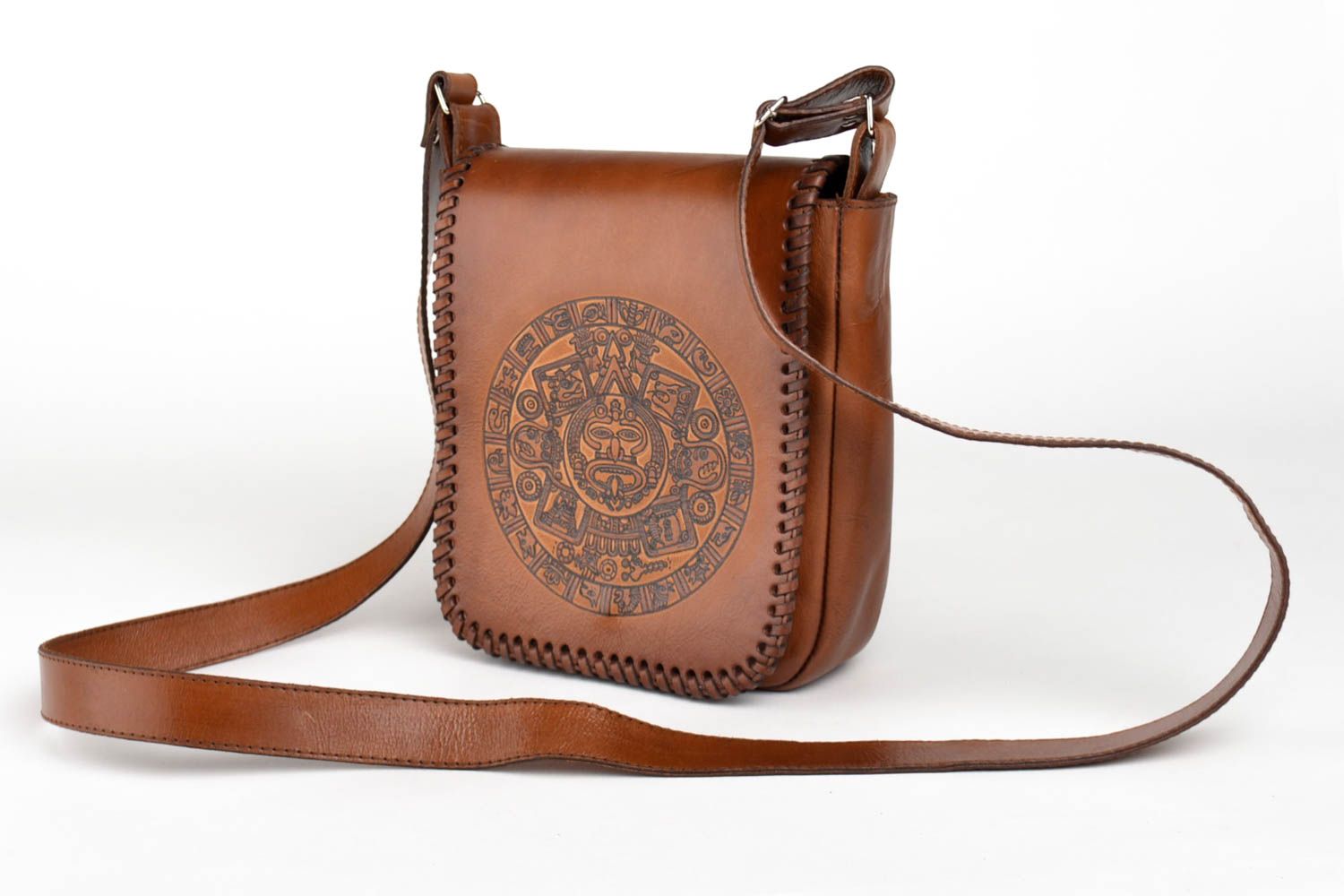 Сумка ручной работы кожаная сумка с рисунком коричневая сумка через плечо фото 3