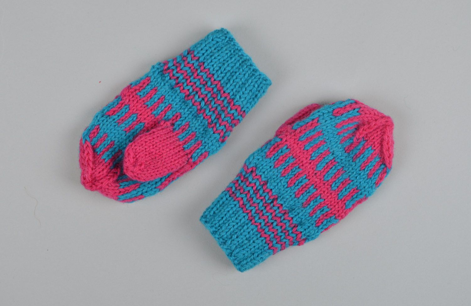 Handmade warm pink and blue mittens knitted of natural wool for little girl photo 5