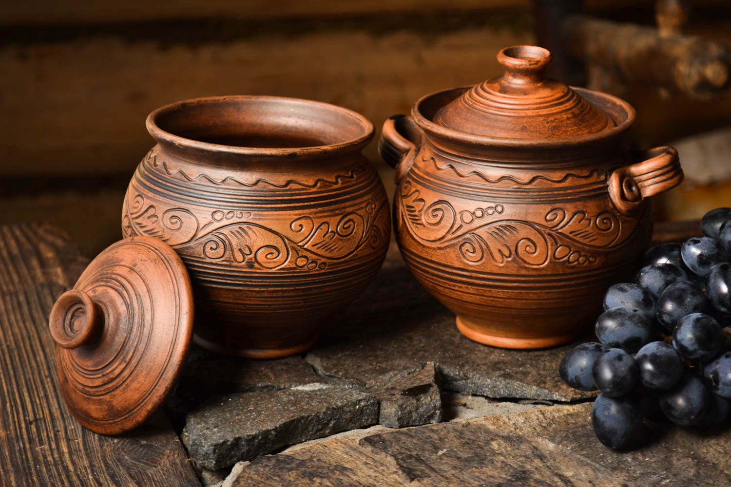 Küchen Zubehör handmade Keramik Topfset Töpfe Keramik in Braun bemalt schön  foto 1