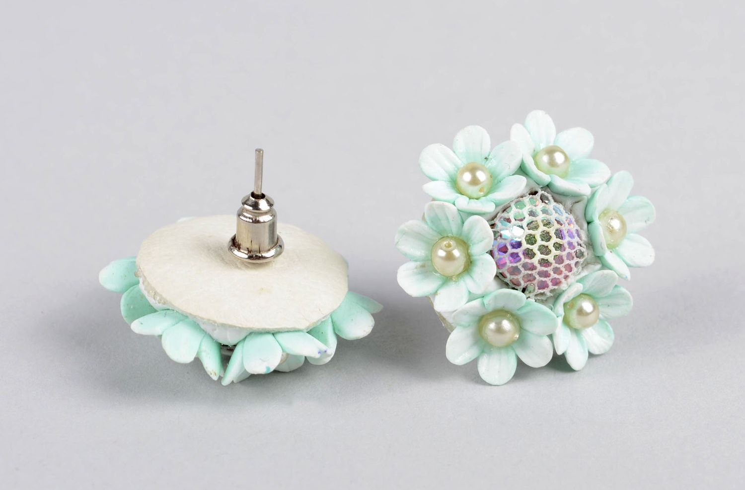 Handmade stud earrings made of polymer clay plastic earrings flower jewelry photo 2