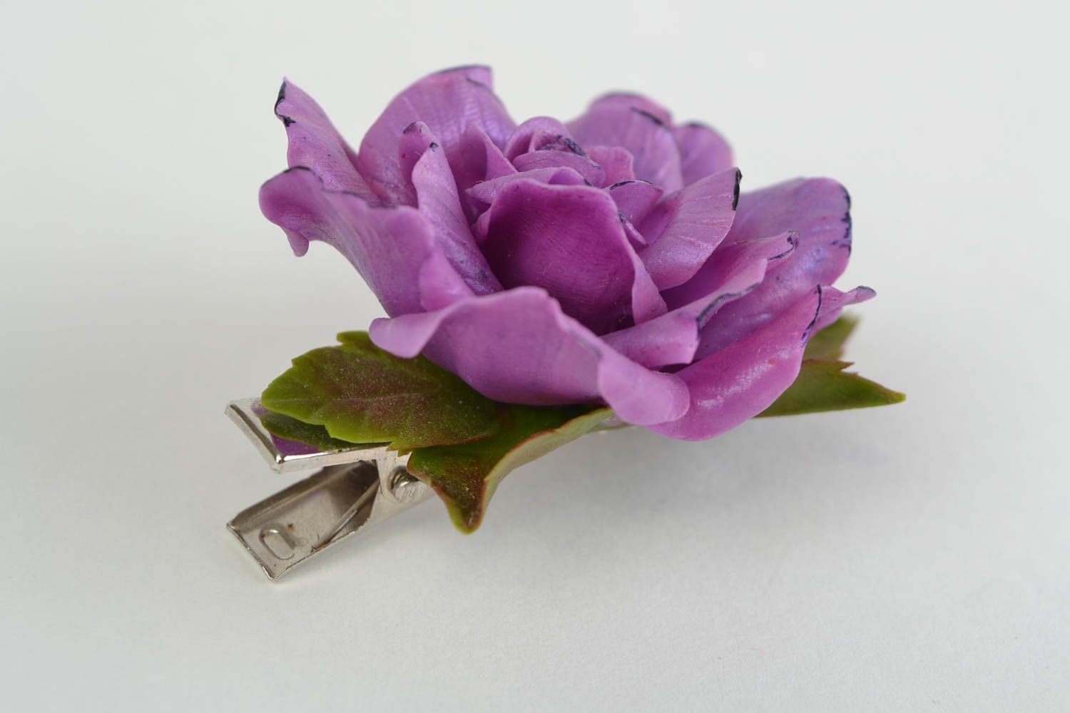 Barrette à cheveux avec belle fleur en porcelaine froide violette faite main photo 4