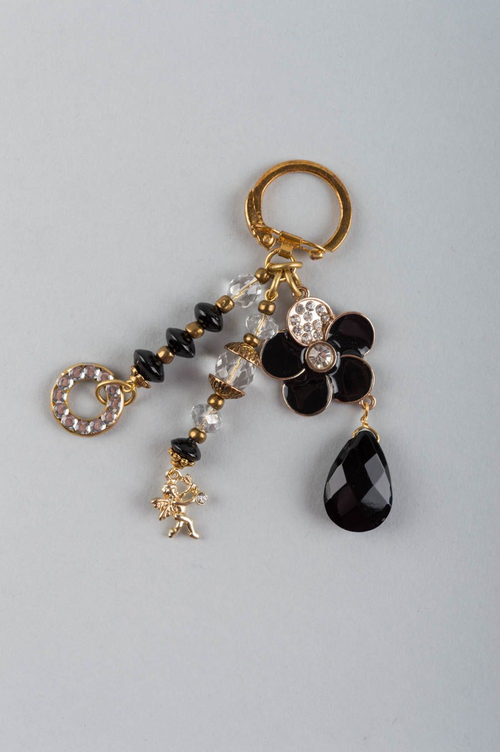 Porte-clés en agate et laiton noir avec cristaux fait main en forme de fleur photo 2