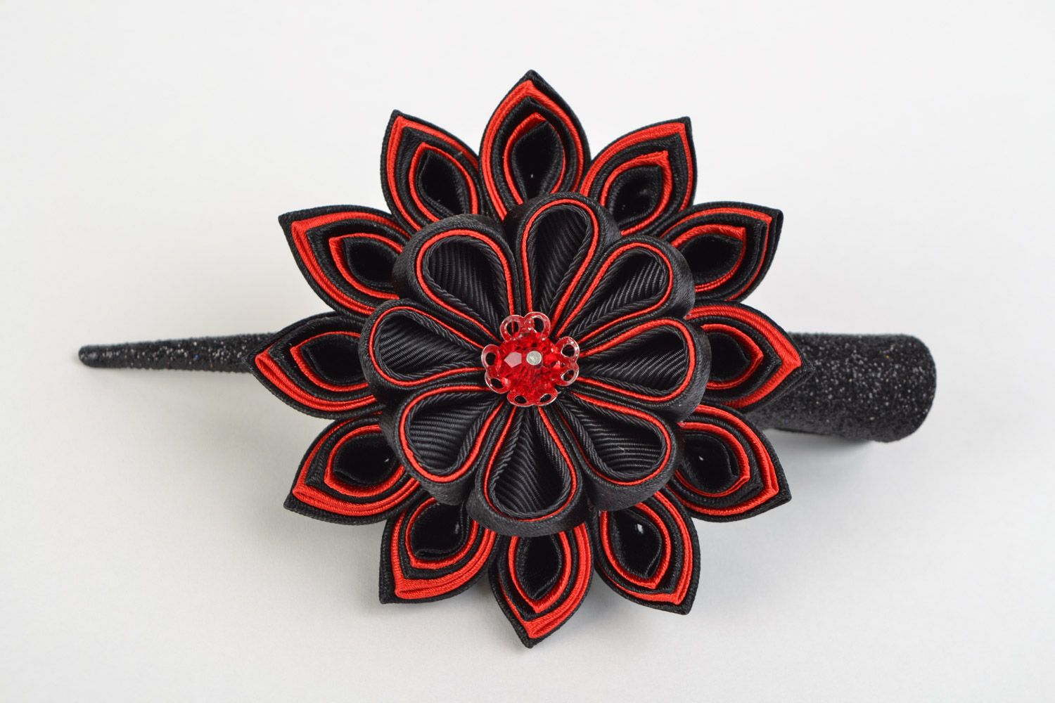 Black and red designer kanzashi flower hair clip hand made of satin and rep ribbons photo 3
