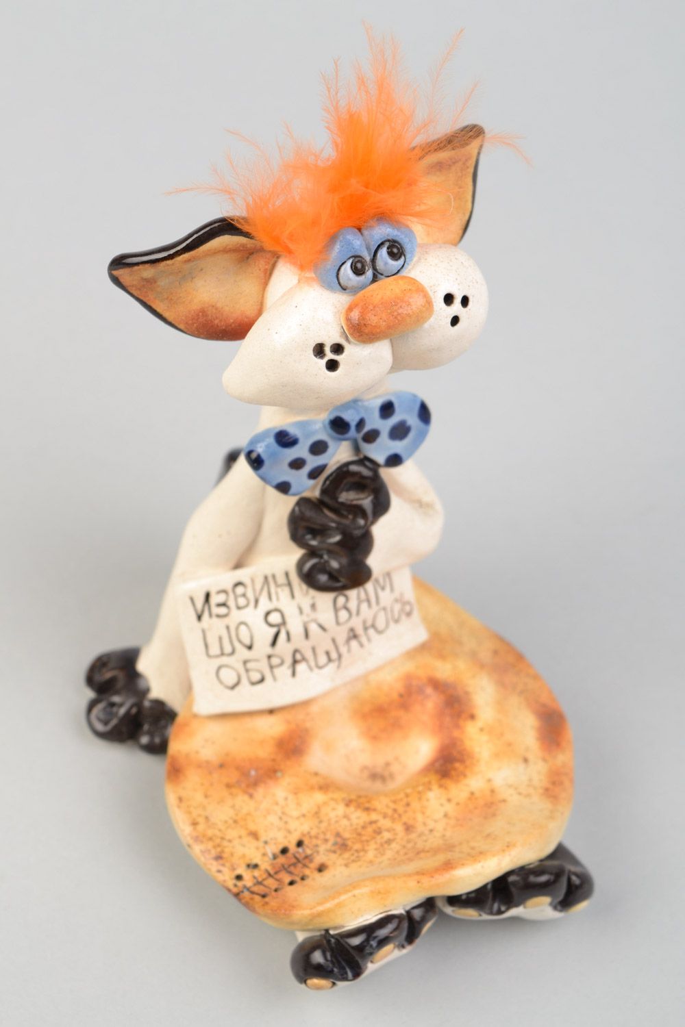 Handmade decorative ceramic painted figurine cat-beggar funny cute statuette for decor photo 3