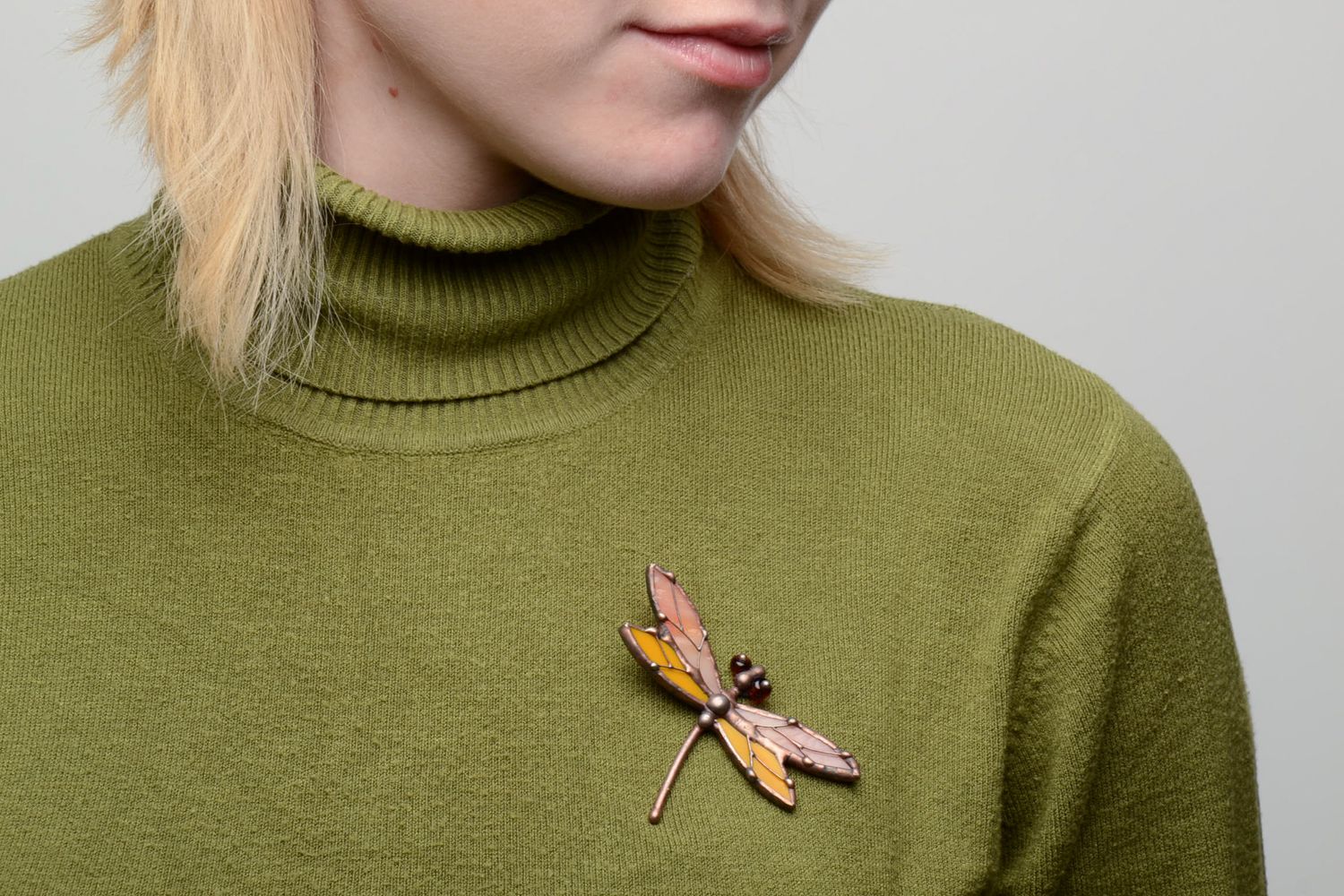 Unusual stained glass brooch in the shape of dragonfly photo 5