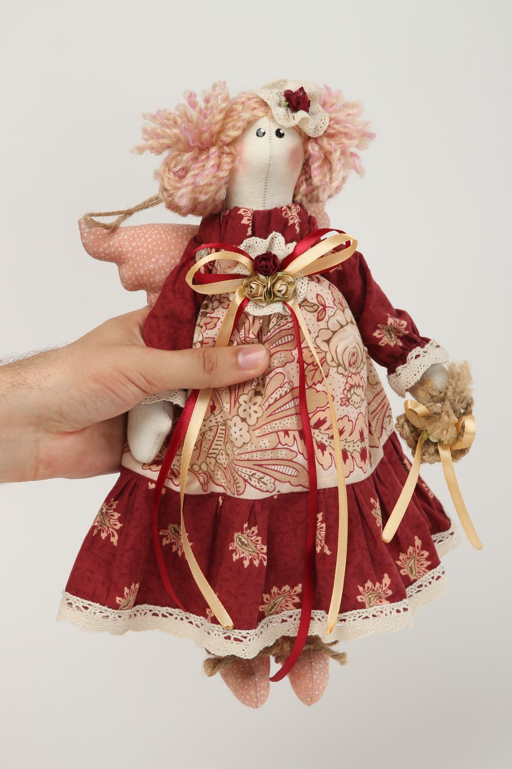 Handmade Designer Puppe Stoff Spielzeug schöne Puppe im roten Spitze Kleid foto 5