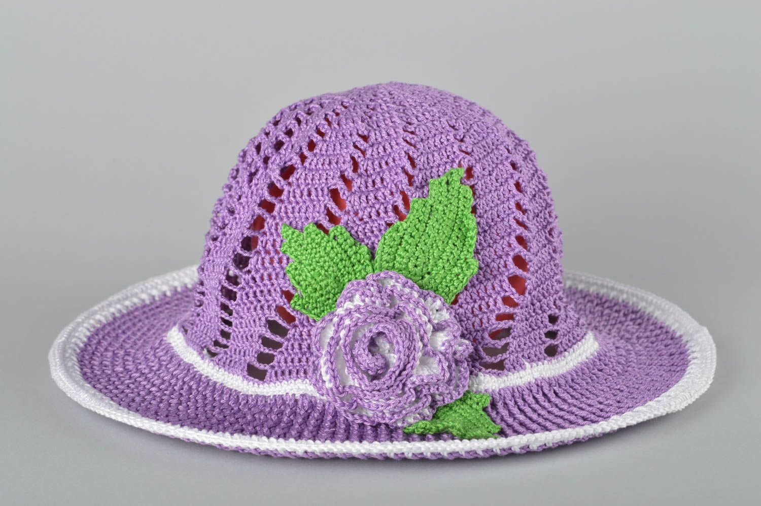 Головной убор ручной работы вязаная шляпа сиреневая женская шляпа на лето фото 2