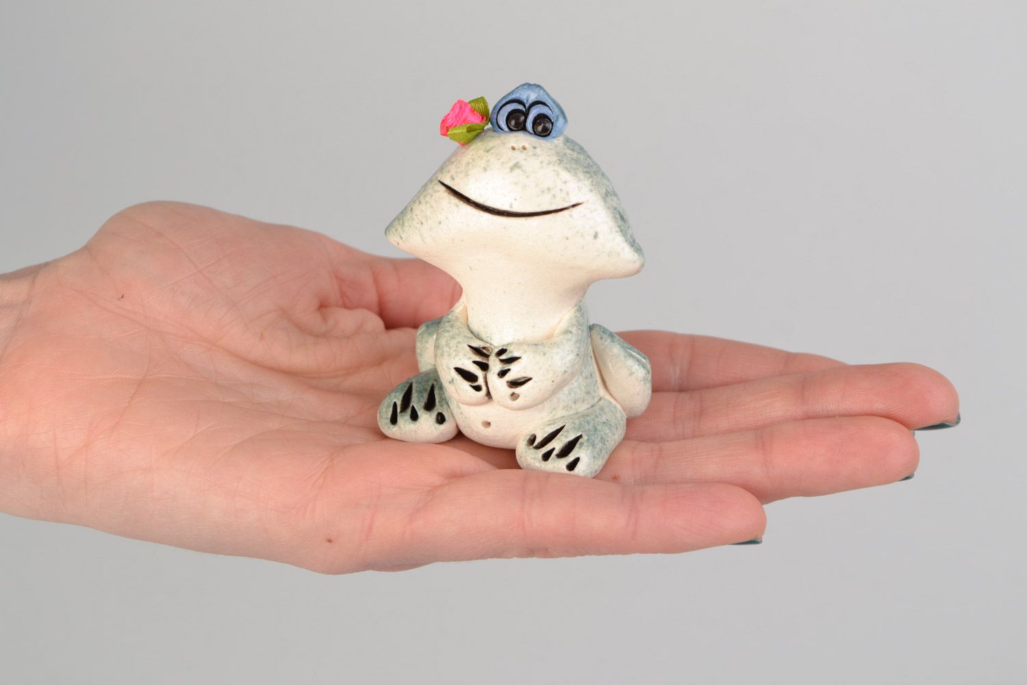 Small beautiful gray handmade porcelain figurine of frog photo 2