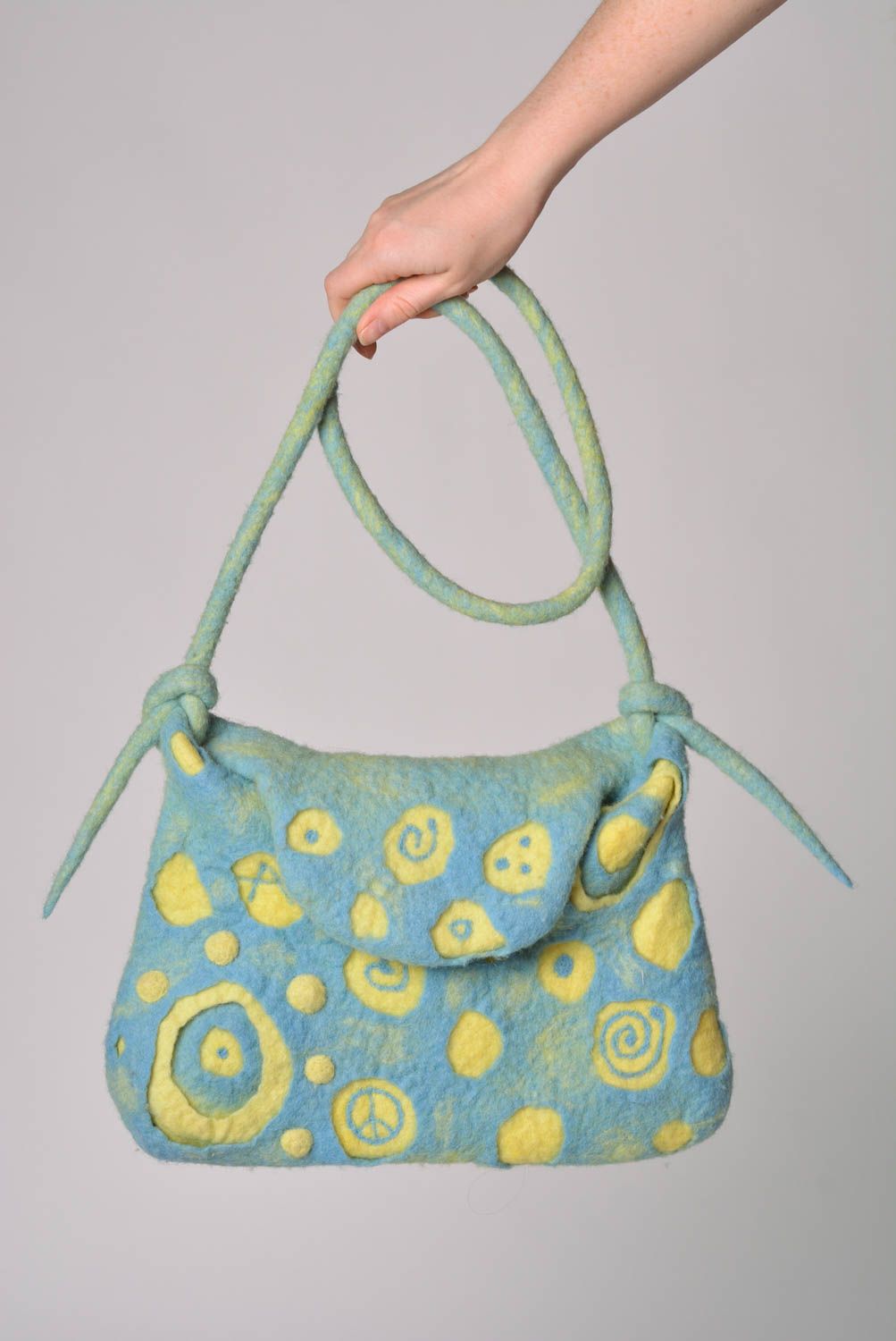 Designer handmade women's rectangular bag felted of wool blue and yellow photo 1