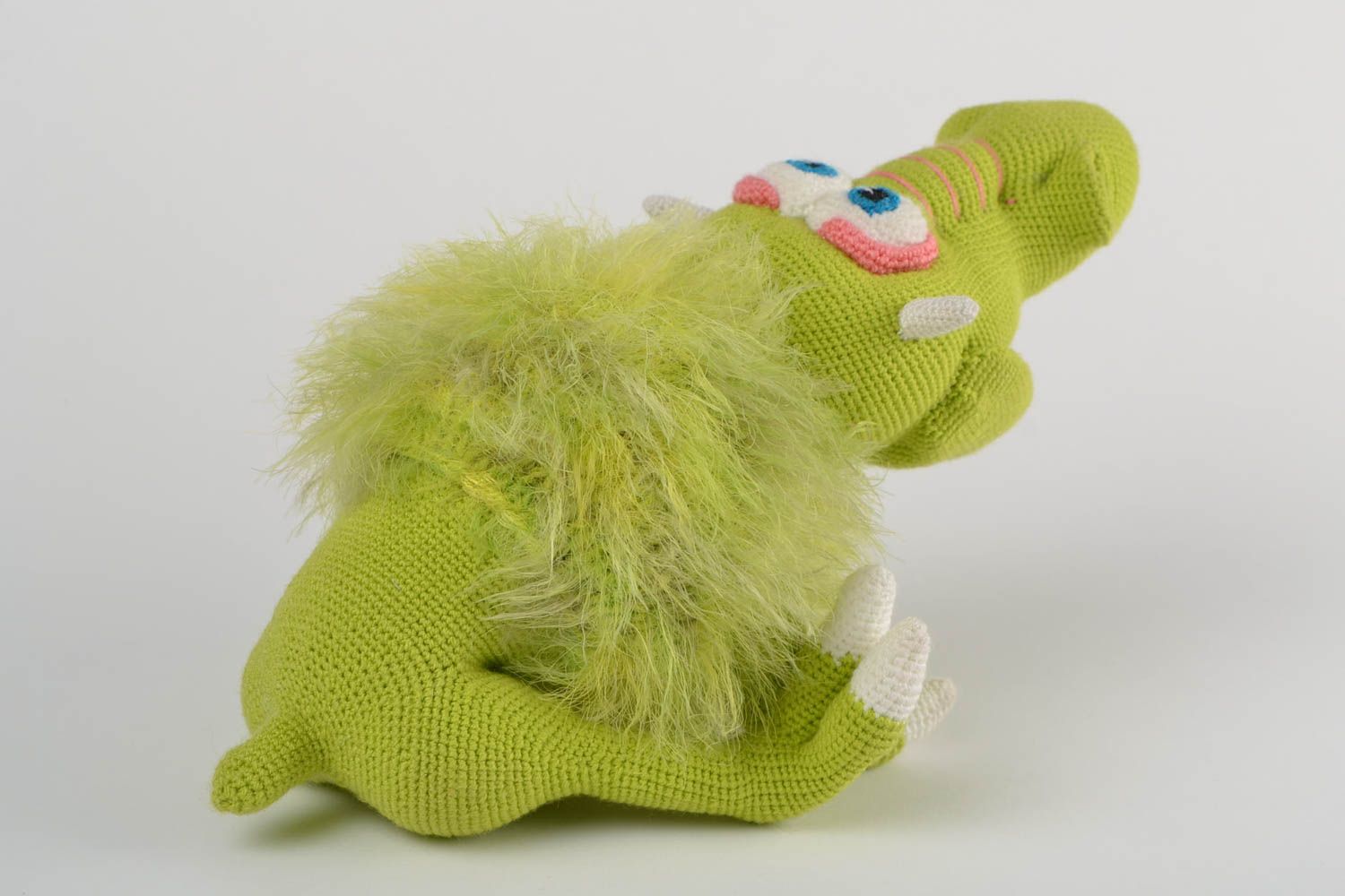 Soft crocheted handmade toy for children funny green Gragomot interior decor  photo 5