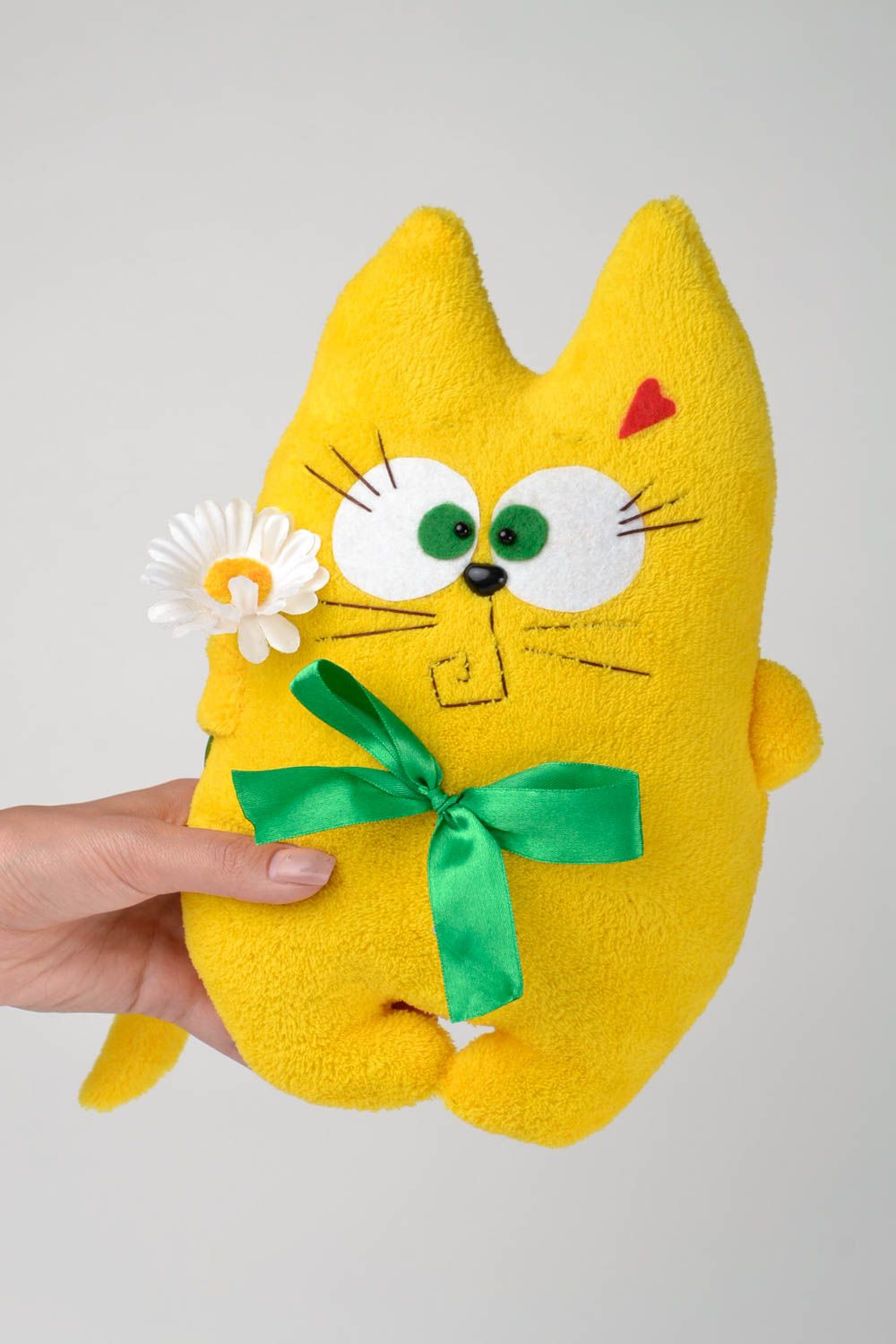 Peluche Chat en tissu de mohair faite main jaune avec noeud Cadeau pour enfant photo 2