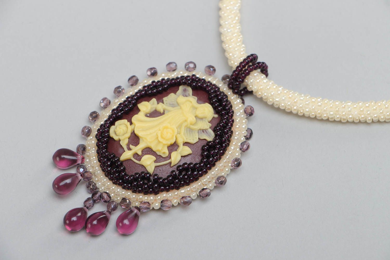 Light oval handmade unusual beaded pendant for women photo 3