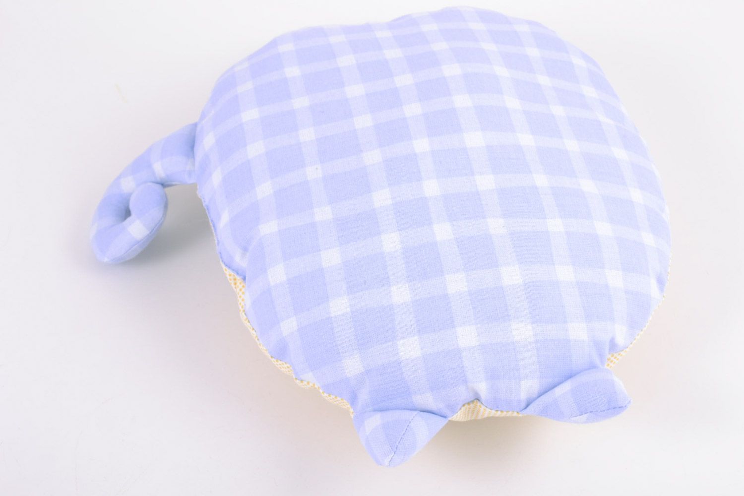 Handmade decorative soft pillow pet sewn of pink and blue fabric sleepy cat photo 2