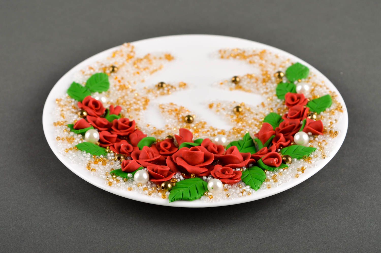 Plato de arcilla artesanal con flores rojas utensilio de cocina menaje del hogar foto 4