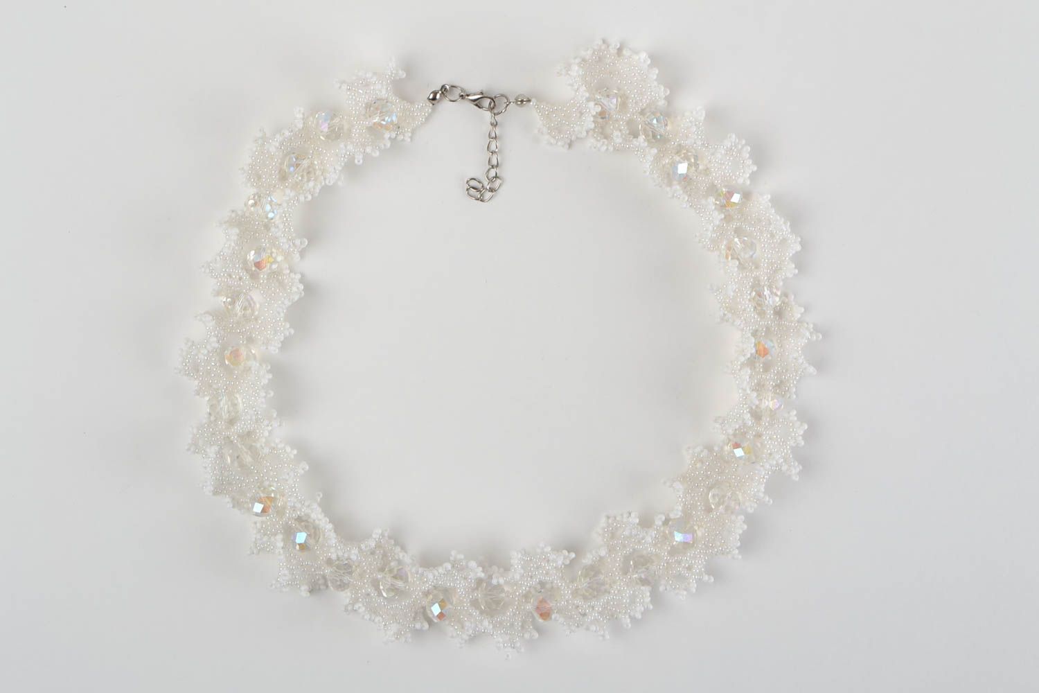 Handmade festive elegant beautiful light tender necklace made of Czech beads photo 2