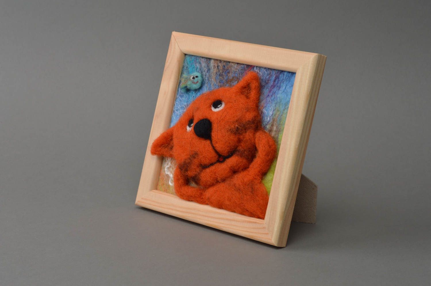 Square beautiful unusual handmade woolen picture in wooden frame on wall photo 2