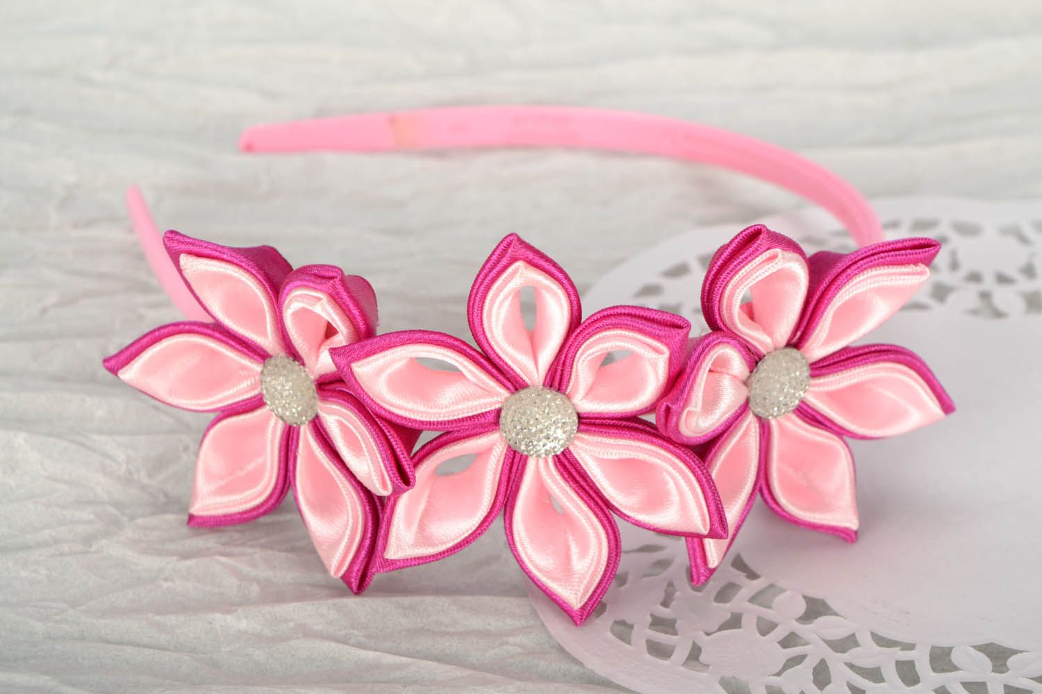 Pink hair band with flowers  photo 1