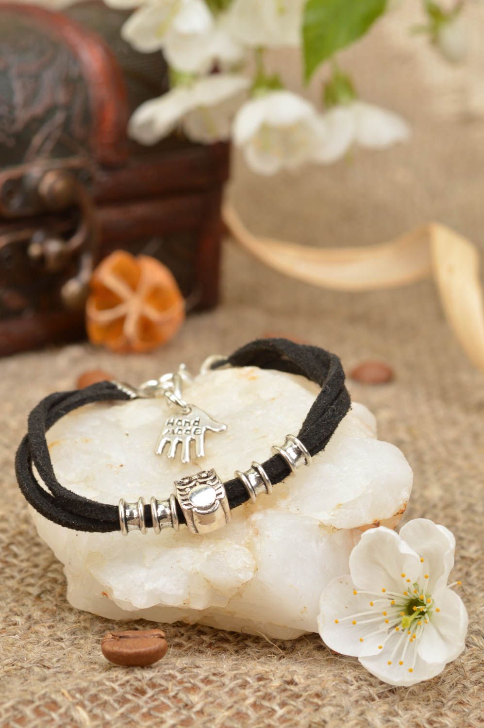 Handmade black cute bracelet made of suede laces with charms made of metal photo 1