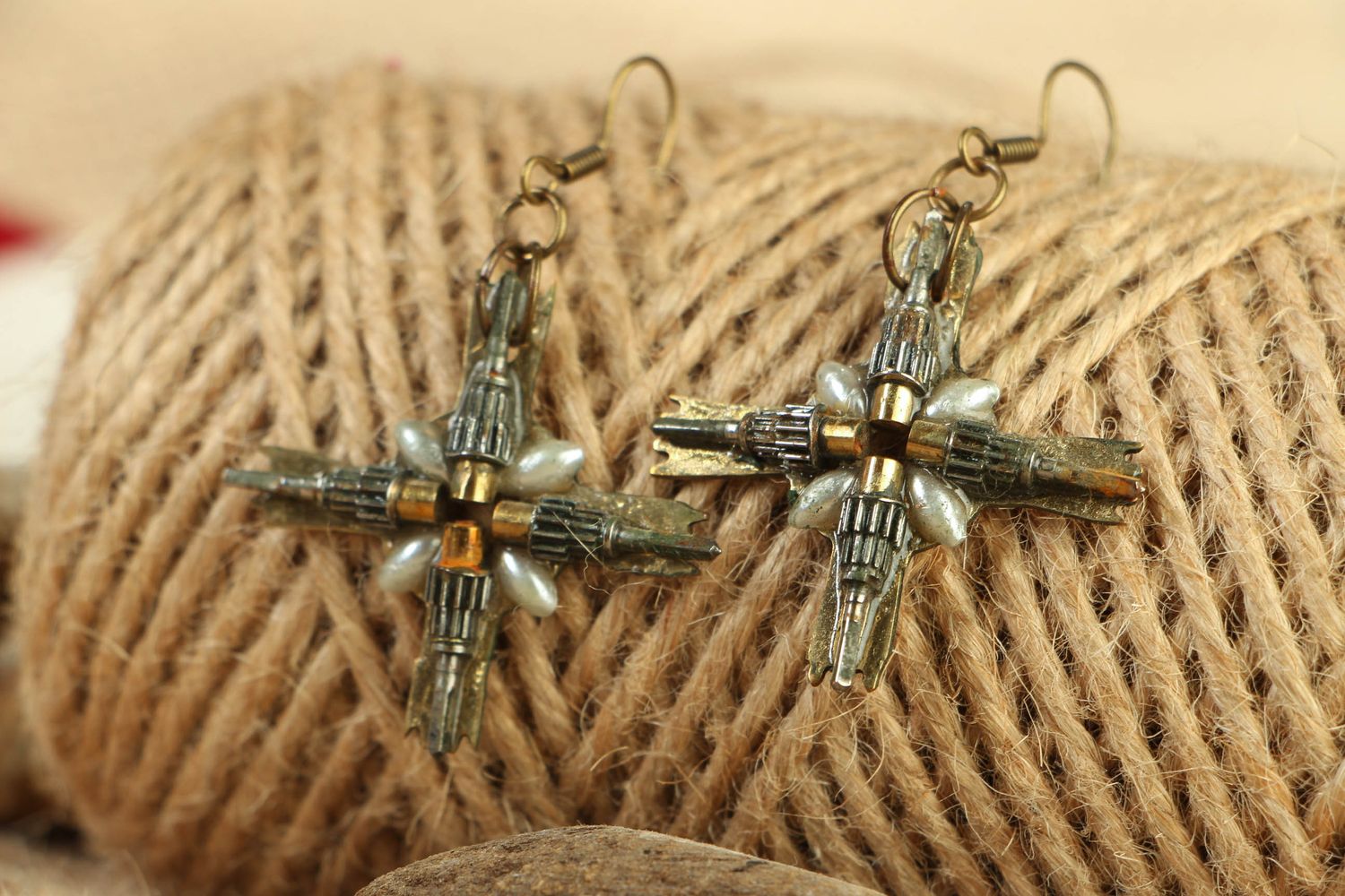 Steampunk metal earrings with gear wheels photo 4