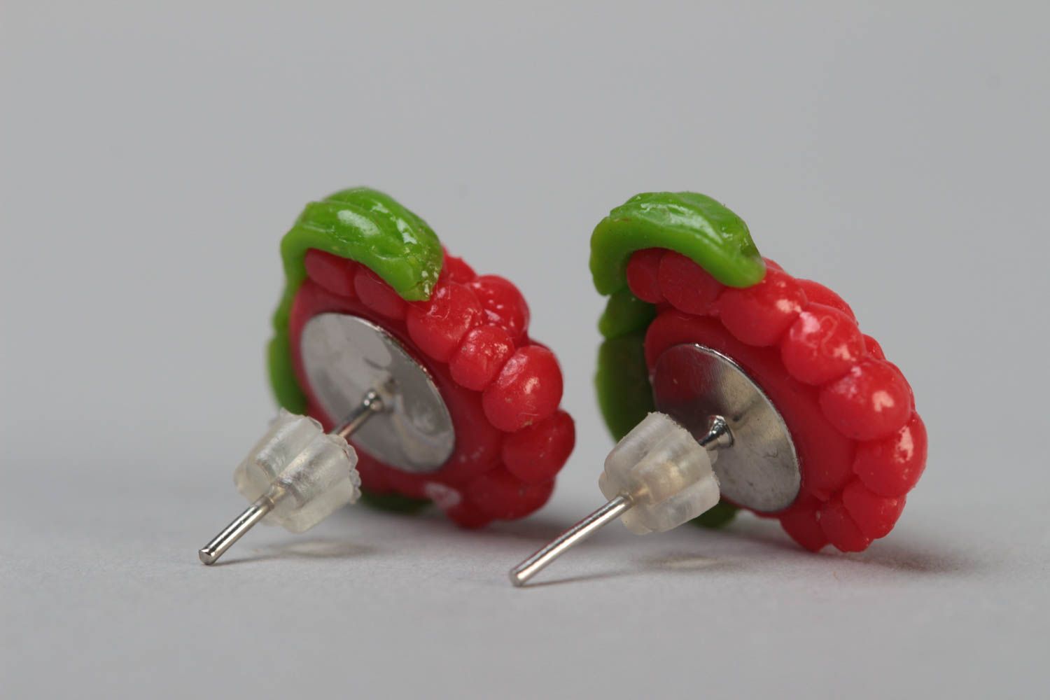 Handmade designer bright polymer clay stud earrings in the shape of raspberry photo 4