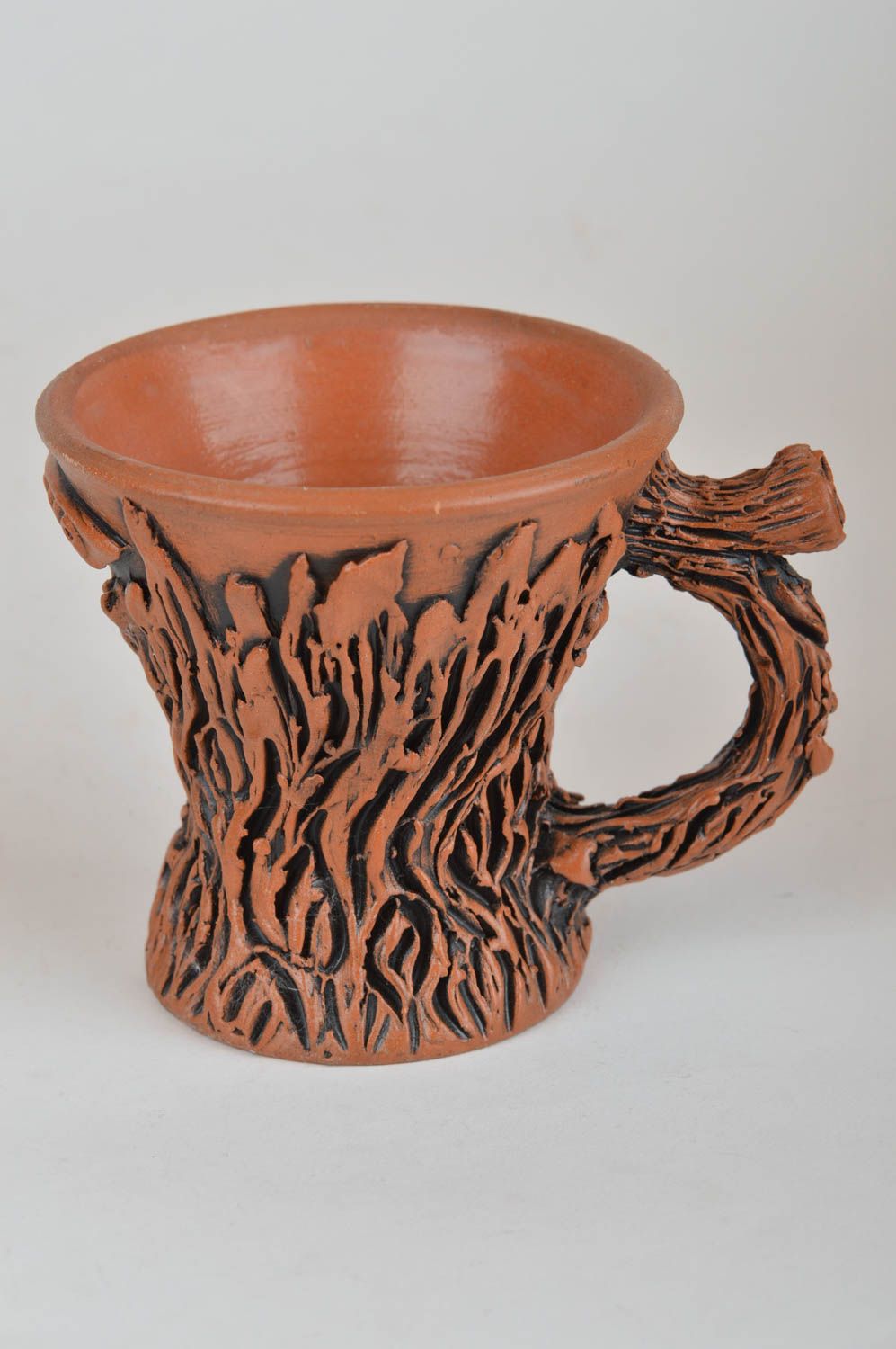 3 oz clay light brown glazed coffee cup in fake wood pattern with handle photo 2