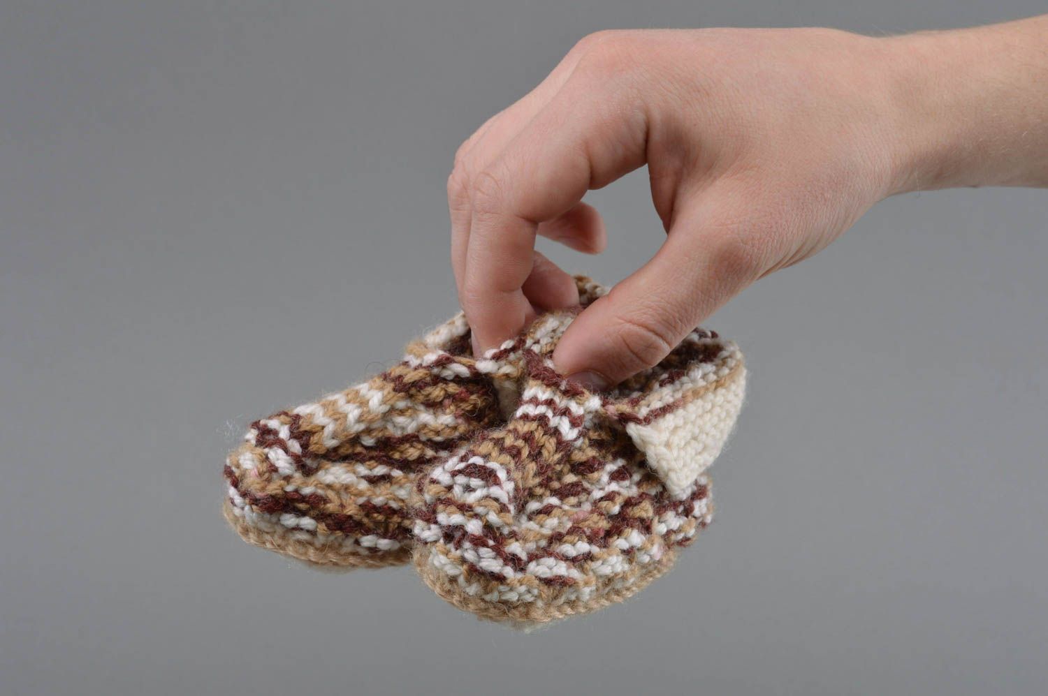 Beautiful handmade designer crochet wool baby booties of beige color photo 4