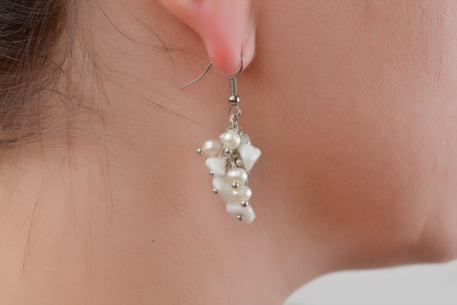 Beautiful handmade women's white woven earrings with natural stone beads photo 2