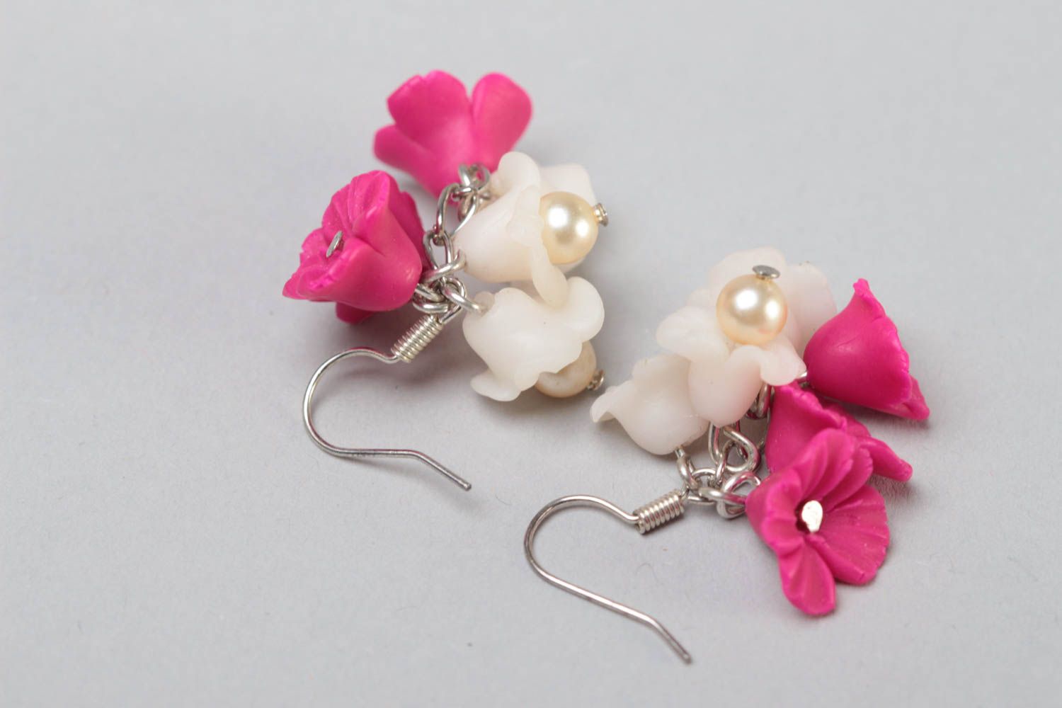 Handmade designer polymer clay floral dangling earrings in pink and milk colors photo 4