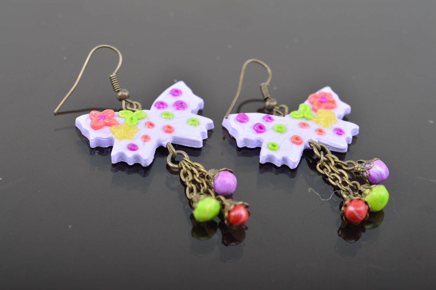 Handmade bright women's polymer clay earrings with charms in the shape of butterflies photo 3