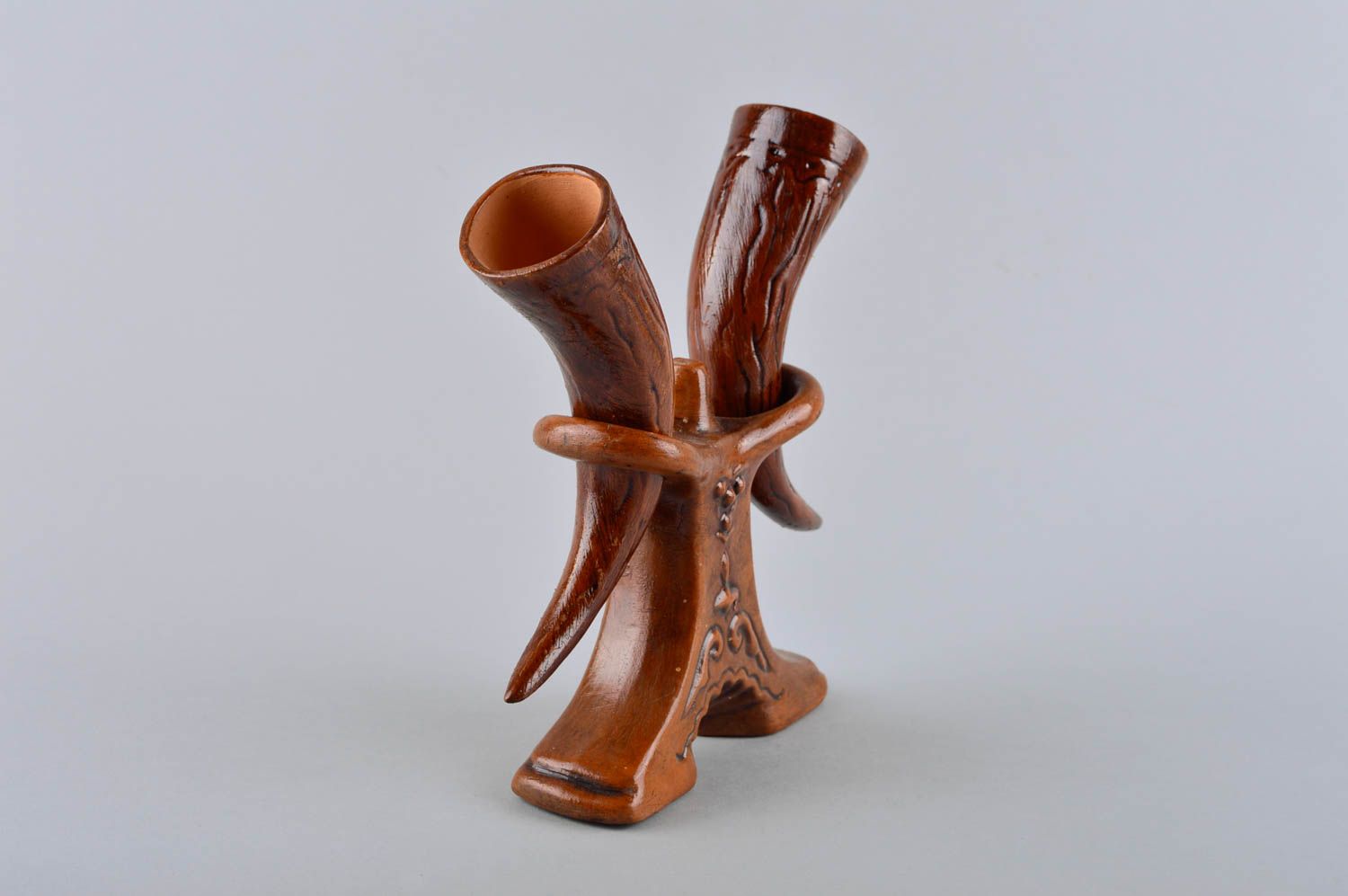 Handmade set of 2 clay drinking horns ceramic festive tableware designer present photo 2