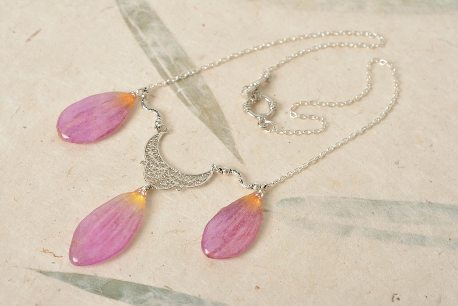 Necklace with epoxy resin with lilac petals pretty unusual handmade accessory photo 2