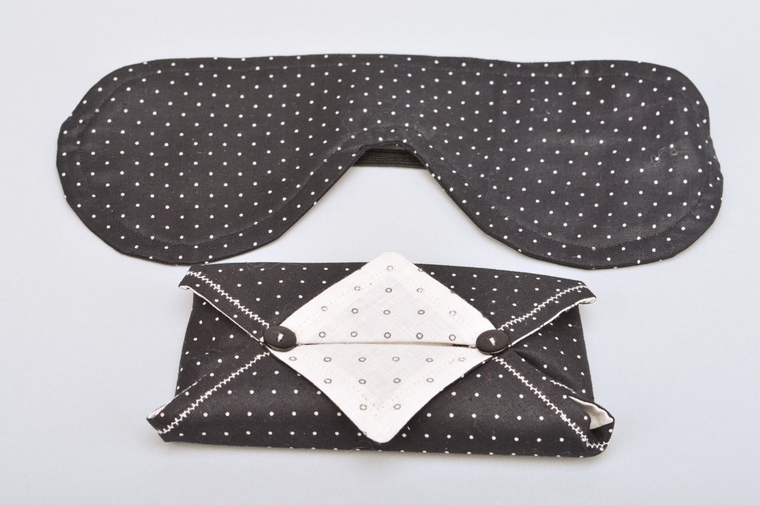 Set of handmade sleep eye mask and napkin holder sewn of polka dot black cotton  photo 4