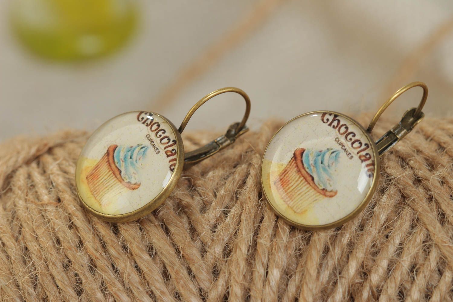 Round handmade stylish designer earrings made of glass glaze Cupcakes photo 1