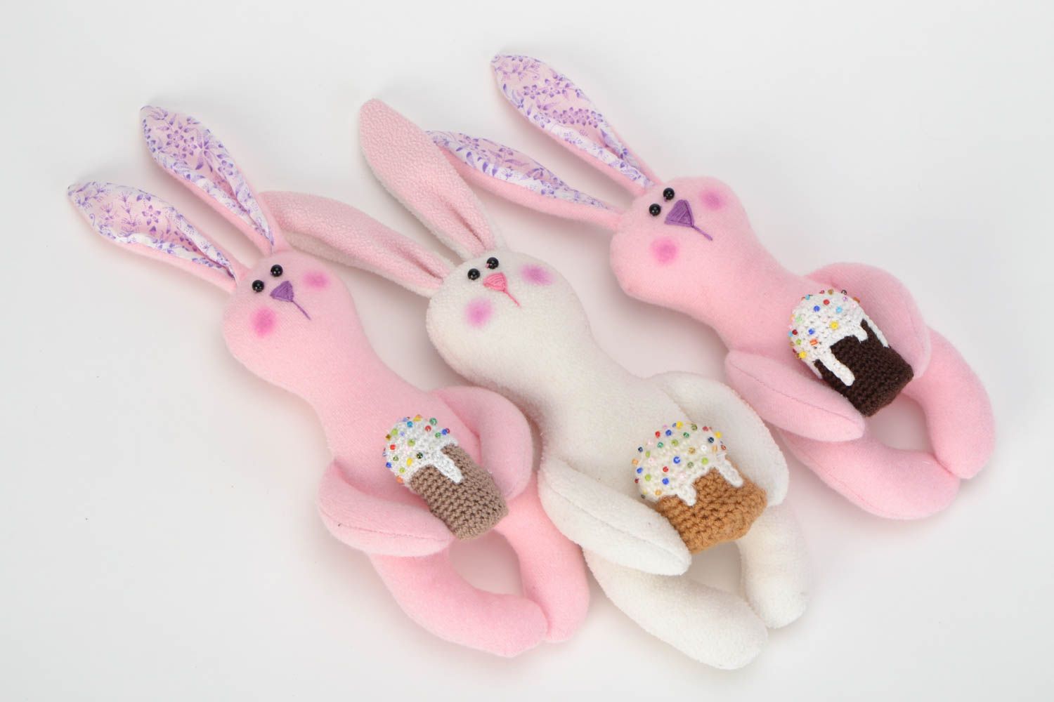Set of handmade fabric soft toys 3 pieces nice hares with Easter cakes photo 3