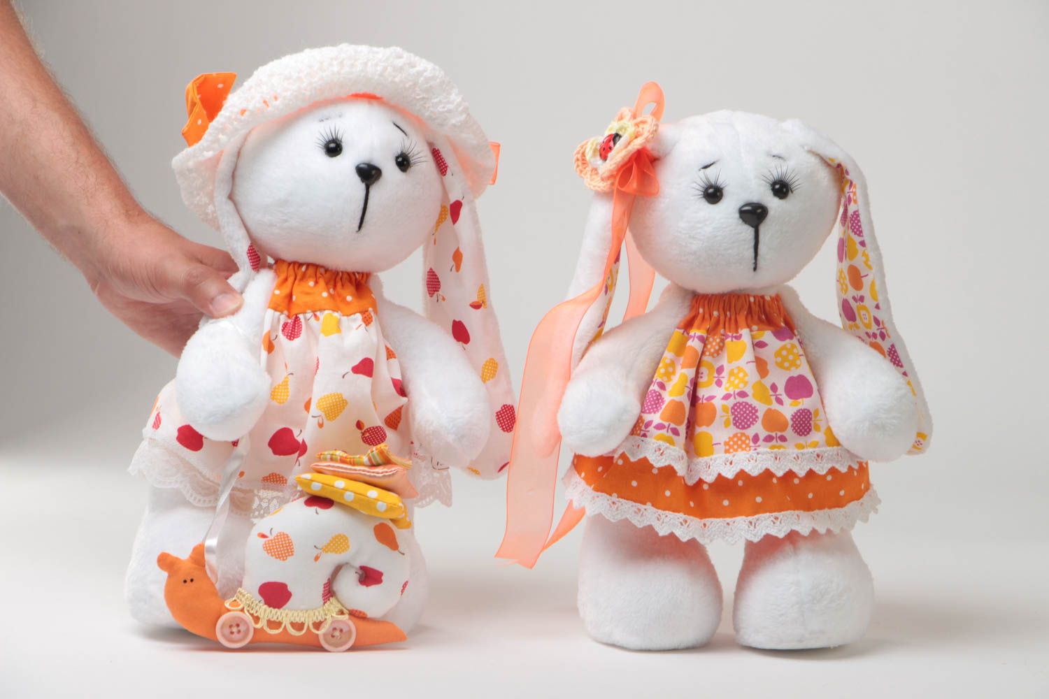 Set of handmade children's fabric soft toys 2 pieces Hares in Dresses photo 5