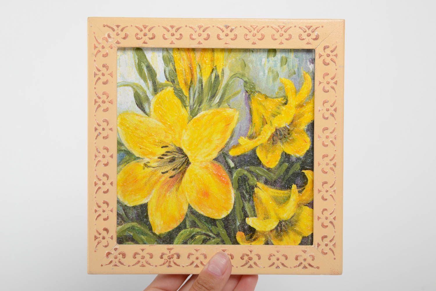 Handmade Deko Bild Wandbild Blumen Geschenkidee für Frau mit Holzrahmen Lilien  foto 5