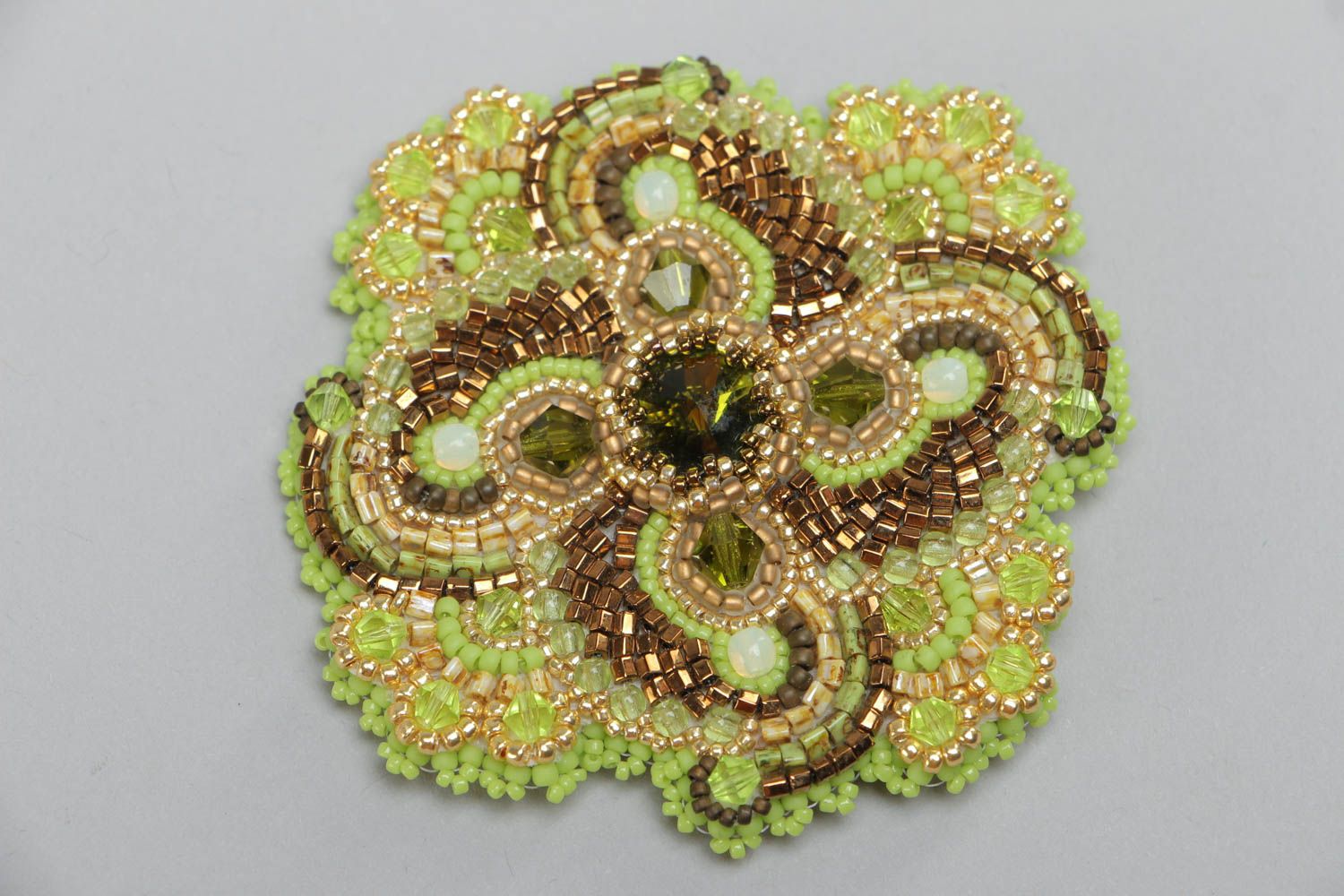 Handmade bracelet embroidered with beads and Czech crystals in green color palette photo 2