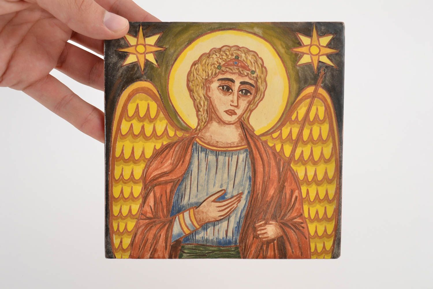 Petit carreau céramique peint d'engobes avec image d'ange fait main décor photo 2