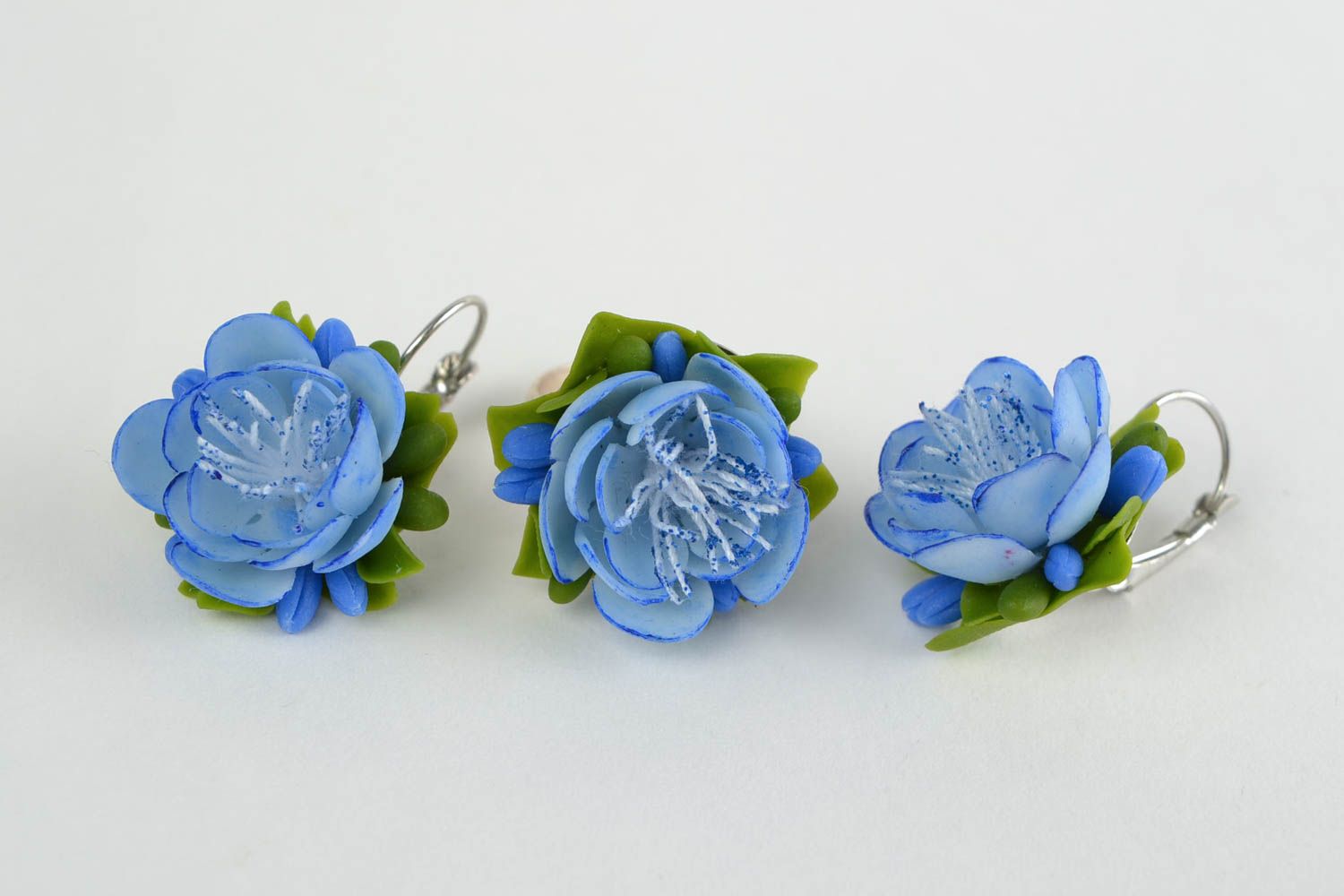 Beautiful handmade cold porcelain jewelry set 2 items flower earrings and ring photo 2