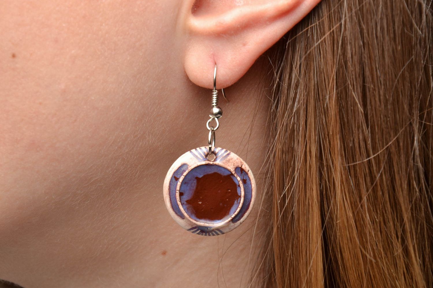 Round clay earrings painted with color enamels photo 5