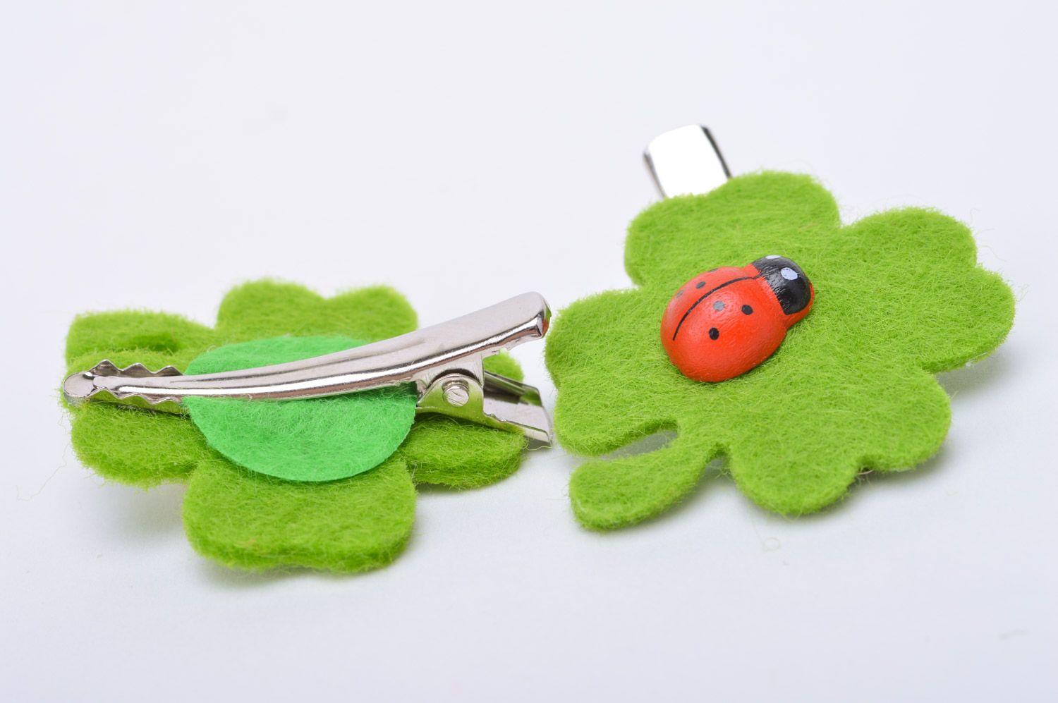 Set of handmade felt hair clips in the shape of leaves with ladybugs photo 5