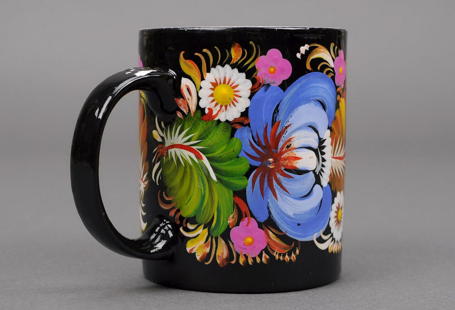 Art clay coffee mug in black and white color with Russian style floral bright pattern photo 3